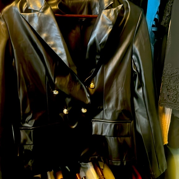 Jackets & Blazers - Leather like blazer work dressy casual gold button blazer jacket